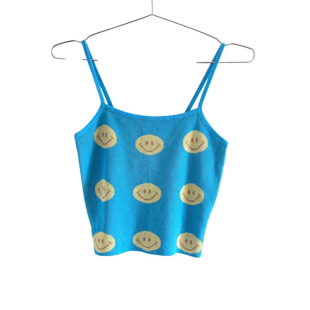 Colorful Natalie Happy Smiley Face Babe Crop Cami Tank Top Size XS Blue Yellow